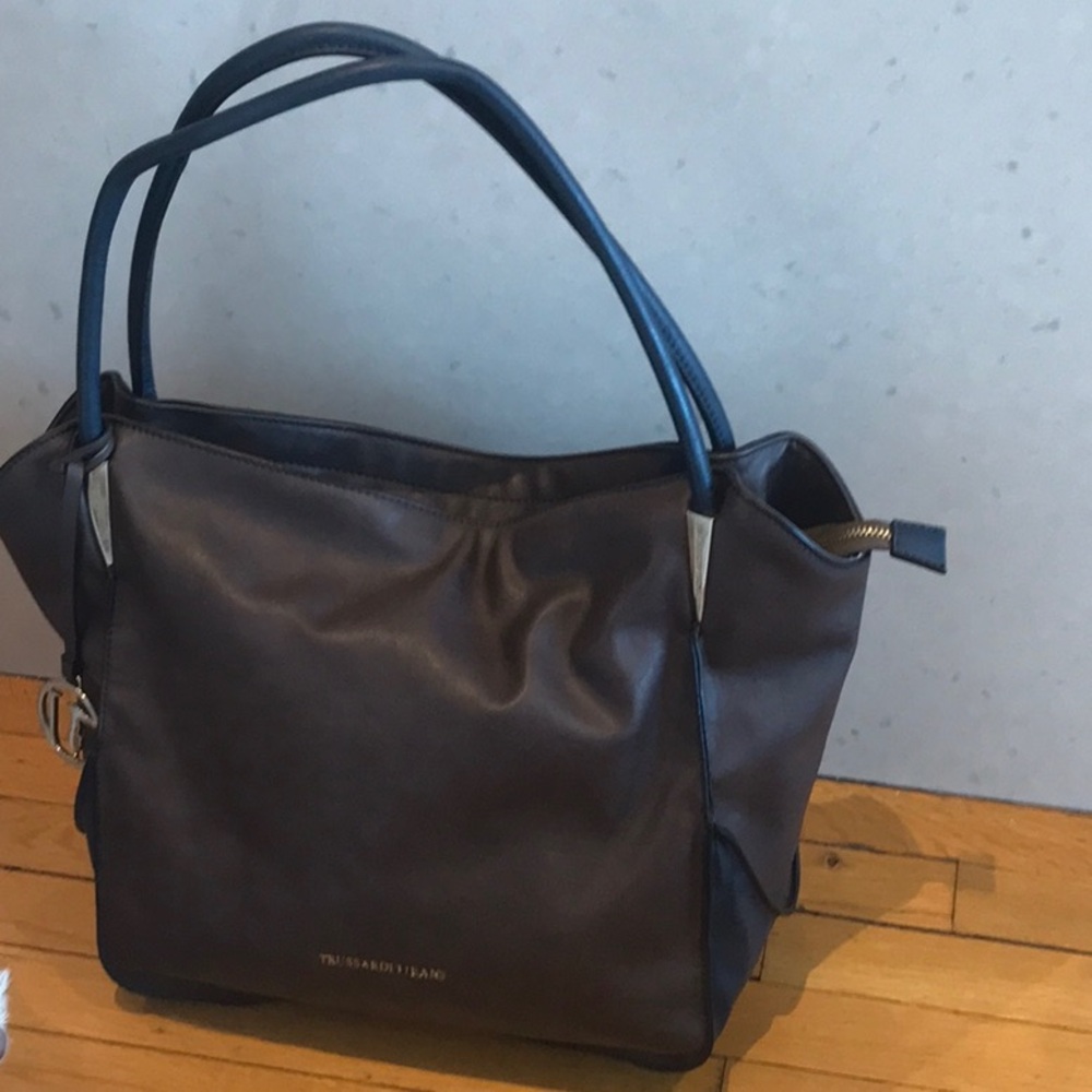 Chic Brown and Black Trussardi Jeans Tote Bag with Spacious Design